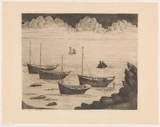 Quatro navios amarrados numa praia bretã; Depois da tempestade (título original)