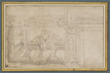 Ignudo, após um fresco de tecto na Sala di Ulisse, Palazzo Poggi, Bolonha
