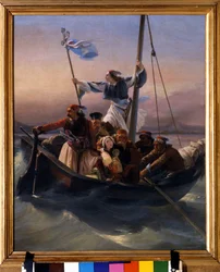 Gregos num navio. Alegoria da Grécia a avançar rumo à independência após o domínio otomano e a Guerra da Independência Grega (1821-1830), ou Revolução Grega. 1848, Verona