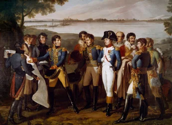 Napoleão I mandou construir uma ponte sobre o Danúbio em Ebersdorf no dia 19 de Maio de 1809. O General Henri Gatien Bertrand (1773-1844) apresenta os planos da ponte para atravessar a ilha de Lobau "Detalhe". Pintura de Ludovico Venuti (activo entre 1799-