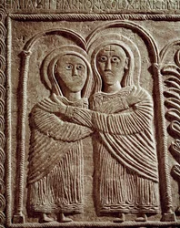 Arqueologia da Idade Média (Idade Média). Arte Bárbara da Lombardia: Visitação, Santa Isabel e Santa Maria. Escultura, Arte Lombarda, 737-744. Cividale del Friuli, Museu Chretien, tesouro da catedral.