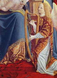 Madonna e criança com músicos de anjo, detalhe do músico de anjo tocando a harpa, c.1490-1500 (tempera no painel)