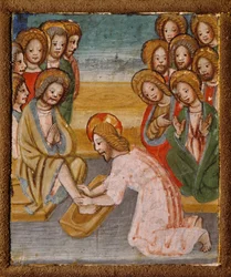 Lavagem de pés, detalhe de Histórias de Cristo, altar portátil por pintor Lombard anónimo