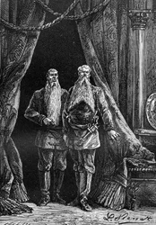 Desenho de Leon Benett, a partir do livro de Júlio Verne "Os 500 milhões do Begum" - edição Hetzel/Viagens Extraordinárias 1879. Aspeto de Arminius e Sigimer, dois impressionantes barbudos.