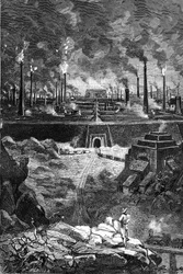 Desenho de Leon Benett, a partir do livro de Júlio Verne "Os 500 milhões do Begum" - edição Hetzel/Viagens Extraordinárias 1879. Vista da "Cidade do Aço", gigantesco conjunto de fábricas (altos-fornos - fundições de aço)