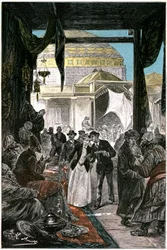 O bazar de Samarkande (atualmente Samarkand ou Samarqand no Uzbequistão), ilustração do romance de Júlio Verne "Claudius Bombarnac" edição Hetzel 1892 - Desenho de Leon Benett (Hippolyte Leon Benet