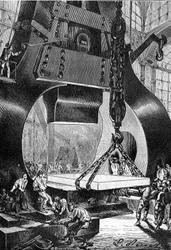 desenho de Leon Benett, a partir do livro de Júlio Verne "Os 500 milhões de Begum" - edição Hetzel/Viagens Extraordinárias 1879. martelo baterista (baterista) a trabalhar numa fundição de aço.