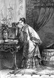 desenho de Leon Benett, a partir do livro de Júlio Verne "As Tribulações de um Chinês na China" - edição Hetzel/Viagens Extraordinárias 1879. Uma jovem chinesa ouve uma mensagem gravada num fonógrafo.