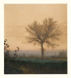 Paisagem com uma árvore nua e um lavrador