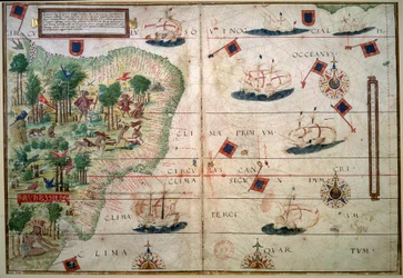 Mapa hidrográfico do Brasil - Manuscrito iluminado “” Atlas Náutico Português” do cartógrafo Loppo Homem 1519 Paris. B.N. - Mapa Hidrográfico do Brasil - Do manuscrito iluminado “” Atlas náutico inglês” de Loppo Homem (século XVI)