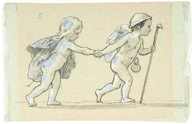 Vinheta com menino e menina andando de mãos dadas