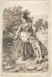 Mulher e criança junto a um lago de patos
