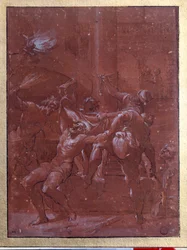 A flagelação de Cristo Desenho com tinta castanha e lavagem por Lorenzo Garbieri dit il Nepote (1580-1654) Paris. Museu do Louvre