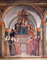 Madonna and Child with Angels, de Lorenzo Costa (ca 1537-1583), capela Bentivoglio na Igreja de San Giacomo Maggiore, Bolonha, Itália