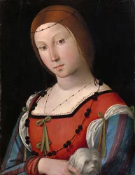 Retrato de uma senhora com um cãozinho de estimação