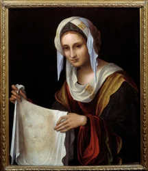 Santa Verónica. O Santo Véu representa o rosto de Cristo, cujo suor Verónica teria enxugado durante a subida ao Calvário. Pintura de Lorenzo Costa (1460-1535). Dimensões: 0,64 x 0,54 m.