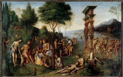 O regimento de Comus Comus, deus das festas alegres, extrai do "Imagina" de Filóstrate. À esquerda, os prazeres permitidos se separam dos prazeres proibidos. Em primeiro plano, a história do amor de Dionísio e da naiada frígio Nikaia. Pintura de L