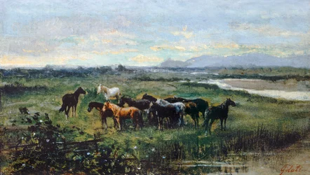 Cavalos selvagens, cerca de 1870, por Lorenzo Gelati (1824-1893), óleo sobre tela transferido em painel, 21x37 cm