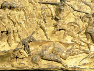 Davi e Golias, detalhe do painel original das portas do leste do batistério, 1425-52 (bronze dourado) (pós-restauração)