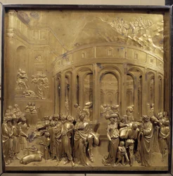 História da vida de José. Colheita do trigo: os agricultores trazem os sacos de cereais. Painel original da porta do Paraíso