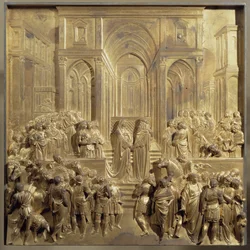 A reunião do rei Salomão e da rainha de Sabá. Painel original da porta do Paraíso