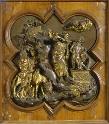 O sacrifício de Isaac. Painel original da Porta do Paraíso (Porta Leste do Baptistério), após restauração. Bronze dourado por Lorenzo Ghiberti (1378-1455), 1425-52. Museo dell Bargello, Florença. Raffael/Leemage854