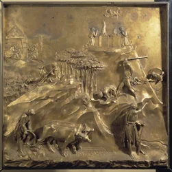 Vida de Caim e Abel: o sacrifício, o assassinato de Abel e Deus a banir Caim. Painel original da Porta do Paraíso