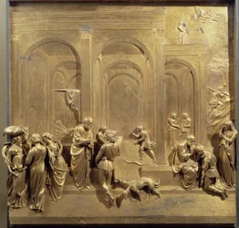 Vida de Jacob e Esaú: Esaú vende o seu direito de primogenitura e Isaac abençoa Jacob. Painel original da Porta do Paraíso