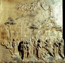 Moisés recebendo as tabelas da lei Painel original da Porta do Paraíso (Porta Leste do Baptistério), após restauração. Bronze dourado por Lorenzo Ghiberti (1378-1455)