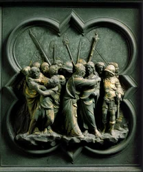 Porta Norte (chamada Porta da Cruz, a norte), pormenor exterior: «O Beijo de Judas». Escultura em bronze realizada por Lorenzo Ghiberti (1378-1455)