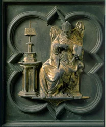 Porta Norte (chamada Porta da Cruz, para o Norte), detalhe exterior: Santo Agostinho. Escultura em bronze feita por Lorenzo Ghiberti (1378-1455)