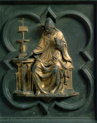 Porta Norte (chamada Porta da Cruz, para o Norte), detalhe exterior: Santo: Gregoire, o Grande. Escultura em bronze feita por Lorenzo Ghiberti (1378-1455)