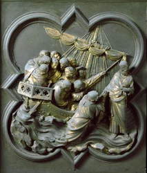 Porta Norte (chamada Porta da Cruz, para o Norte), detalhe externo: Cristo caminhando sobre a água. Escultura de bronze feita por Lorenzo Ghiberti (1378-1455)