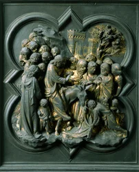 Porta Norte (chamada Porta da Cruz, no Norte), detalhe exterior: "a entrada para Jerusalém" escultura de bronze feita por Lorenzo Ghiberti (1378-1455)