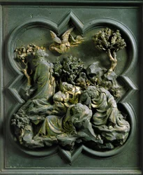 Porta Norte (chamada Porta da Cruz, no Norte), detalhe externo: "A oração de Cristo no Jardim das Oliveiras" escultura de bronze feita por Lorenzo Ghiberti (1378-1455)