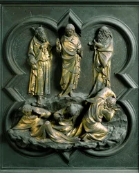 Porta Norte (chamada Porta da Cruz, no Norte), detalhe exterior: "A Transfiguração" escultura de bronze feita por Lorenzo Ghiberti (1378-1455)