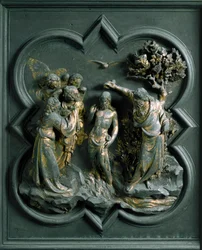 Porta Norte (chamada Porta da Cruz, no Norte), detalhe exterior: "o batismo de Cristo" escultura de bronze feita por Lorenzo Ghiberti (1378-1455)