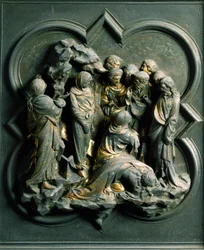 Porta Norte (chamada Porta da Cruz, no Norte), detalhe exterior: "a ressurreição de Lázaro" escultura de bronze feita por Lorenzo Ghiberti (1378-1455)