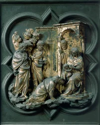 Porta Norte (chamada Porta da Cruz, para o Norte), detalhe exterior: Adoração dos Magos. Escultura em bronze feita por Lorenzo Ghiberti (1378-1455)