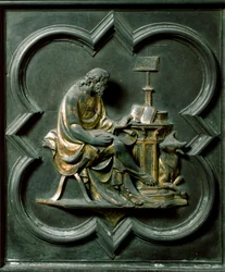 Porta Norte (chamada Porta da Cruz, para o Norte), detalhe exterior: evangelista de São Lucas. Escultura de bronze feita por Lorenzo Ghiberti (1378-1455)
