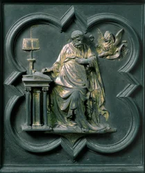Porta Norte (chamada Porta da Cruz, para o Norte), detalhe exterior: São Marcos. Escultura em bronze feita por Lorenzo Ghiberti (1378-1455)