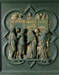 Porte Norte (chamada Porte de la Croix, no Norte), detalhe exterior: Escultura de bronze "Pentecote" de Lorenzo Ghiberti (1378-1455)