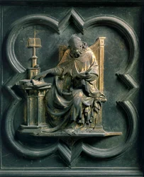 Porte Norte (chamada Porte de la Croix, norte), detalhe exterior: Santo Ambrósio. Escultura em bronze feita por Lorenzo Ghiberti (1378-1455)