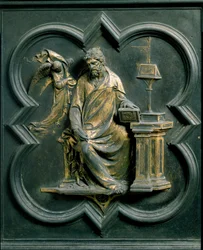 Porta Norte (chamada Porte de la Croix, para o Norte), detalhe exterior: Saint Mathieu. Escultura em bronze feita por Lorenzo Ghiberti (1378-1455)
