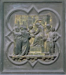 Pôncio Pilatos Lavando as mãos diante de Cristo, décimo sexto painel das Portas do Norte do Batistério de San Giovanni, 1403-24 (bronze)