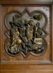 Sacrifício de Isaac Bas em relevo em bronze dourado por Lorenzo Ghiberti