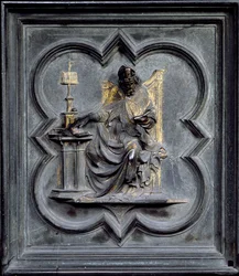 Santo Ambrósio, painel E das Portas do Norte do Batistério de San Giovanni, 1403-24 (bronze)