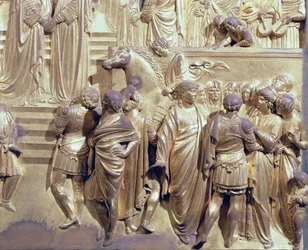 O Encontro do Rei Salomão e da Rainha de Sabá, detalhe dos atendentes, do painel original das Portas Orientais do Batistério, 1425-52 restauro pós bronze