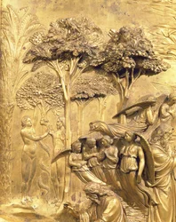 A História de Adão, detalhe da Tentação de Adão e Eva, de um dos painéis originais das Portas Orientais do Batistério, 1425-52 restauro pós bronze