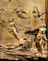 A História de Adão, detalhe da Criação de Eva e A Expulsão, de um dos painéis originais das Portas Orientais do Baptistério